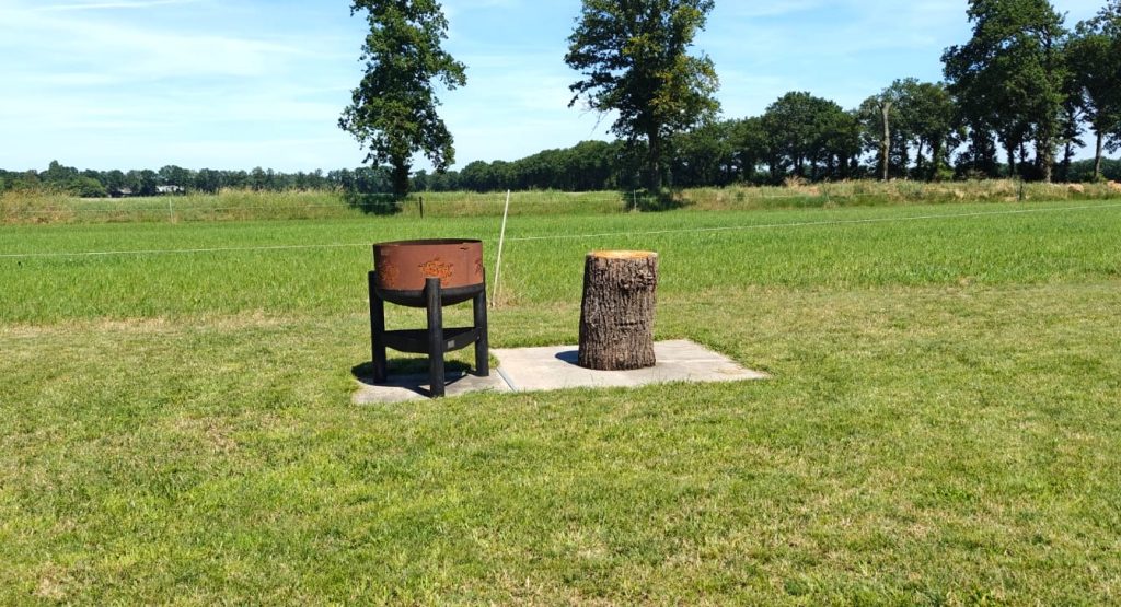 Vuurkorf met een boomstam als kruk op een open grasveld, met een bomenrij op de achtergrond